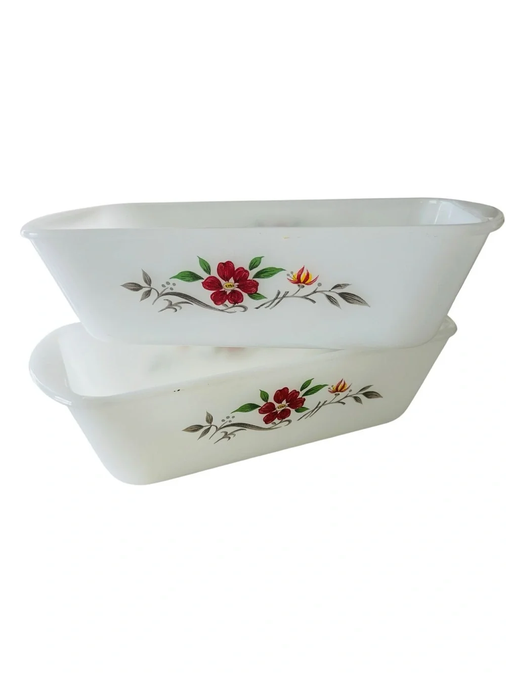 Vintage Glassbake J522 Milk Glass Loaf Bread Pans Set of 2 Red Floral Baking
